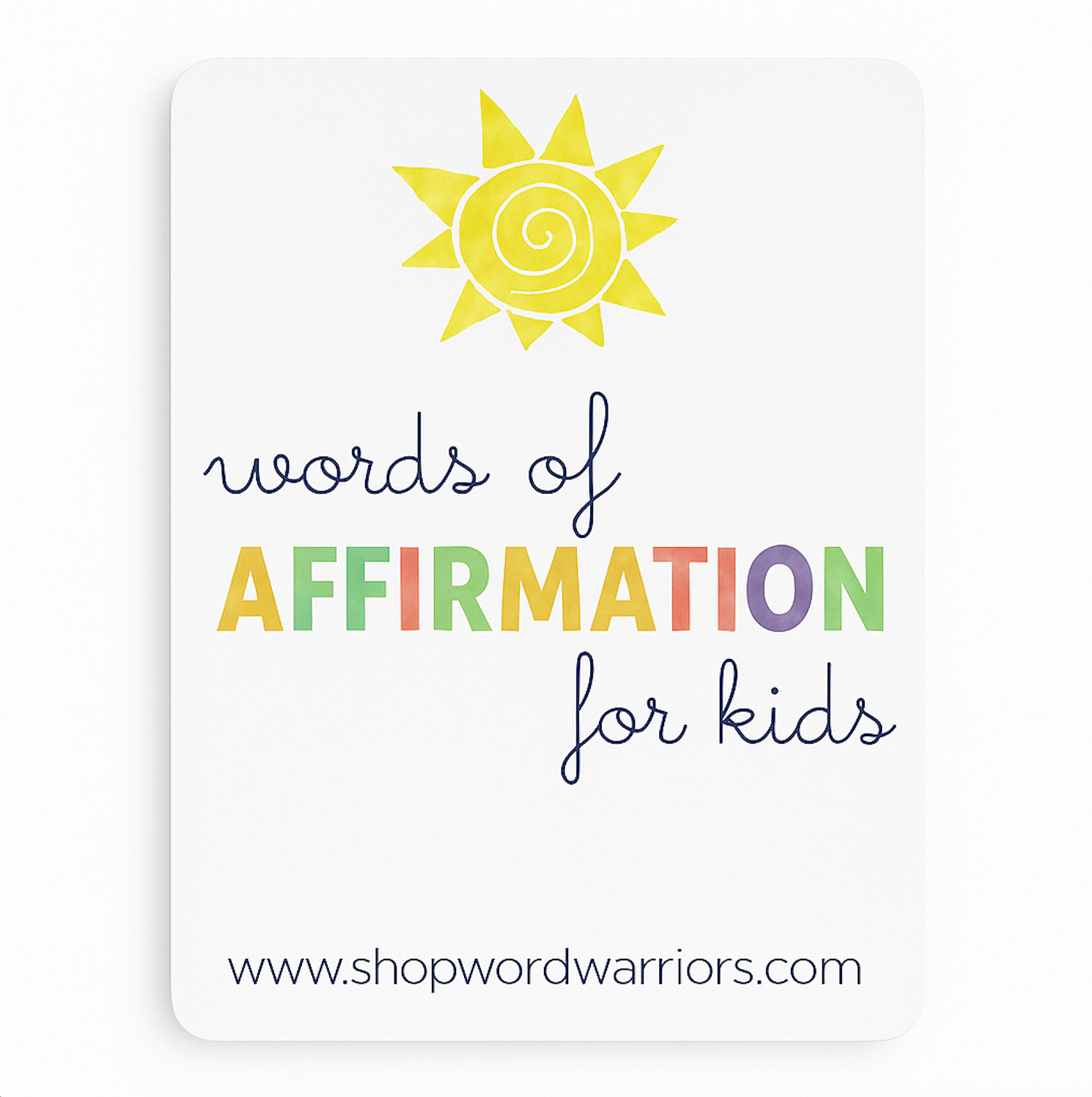 Logo for 'words of affirmation for kids' with a sun icon on a white background.