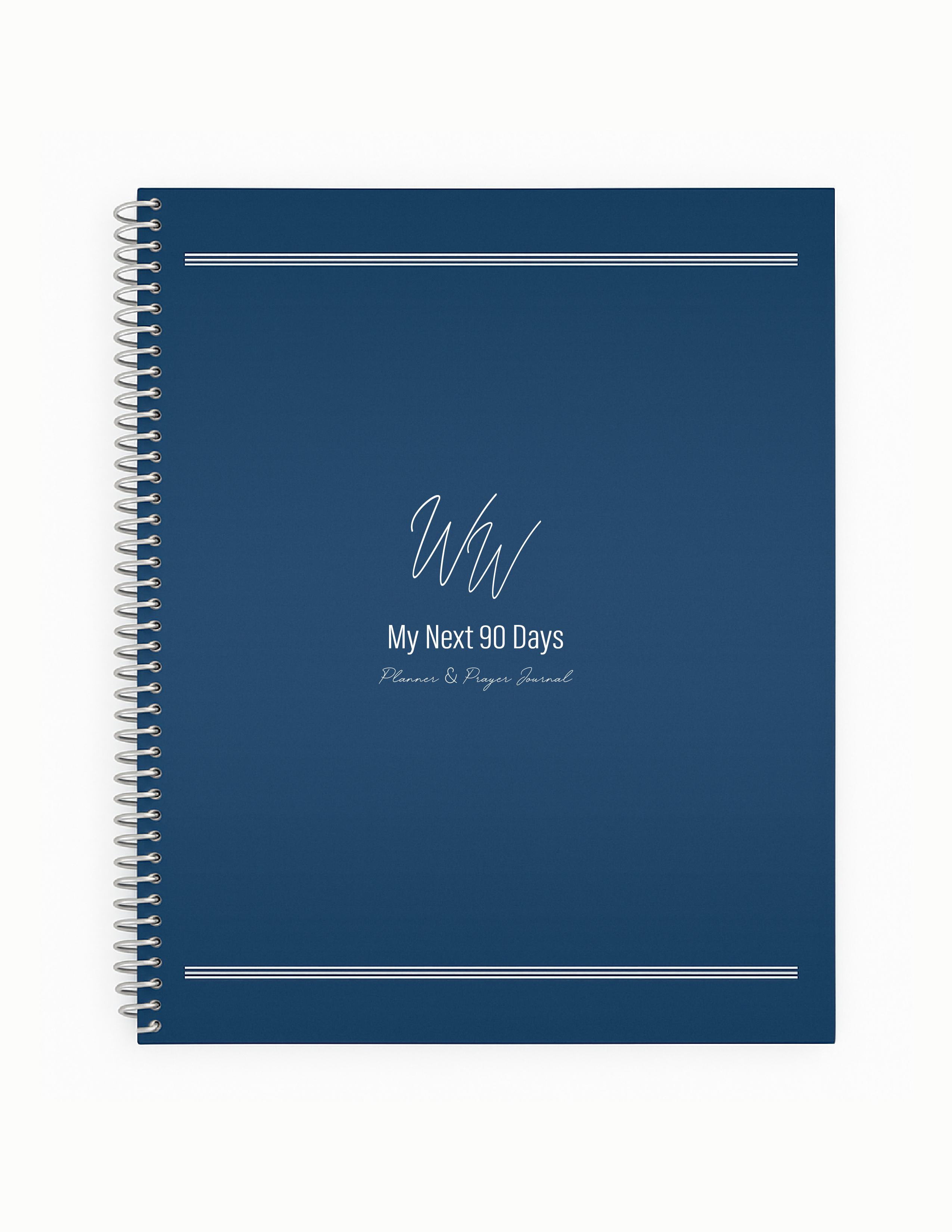 Blue planner with 'My Next 90 Days' text on a white background