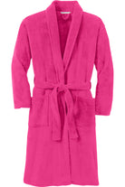 Cozy and soft plush microfleece shawl collar robes in pink, gray, and ivory with belts—perfect for lounging or gifting