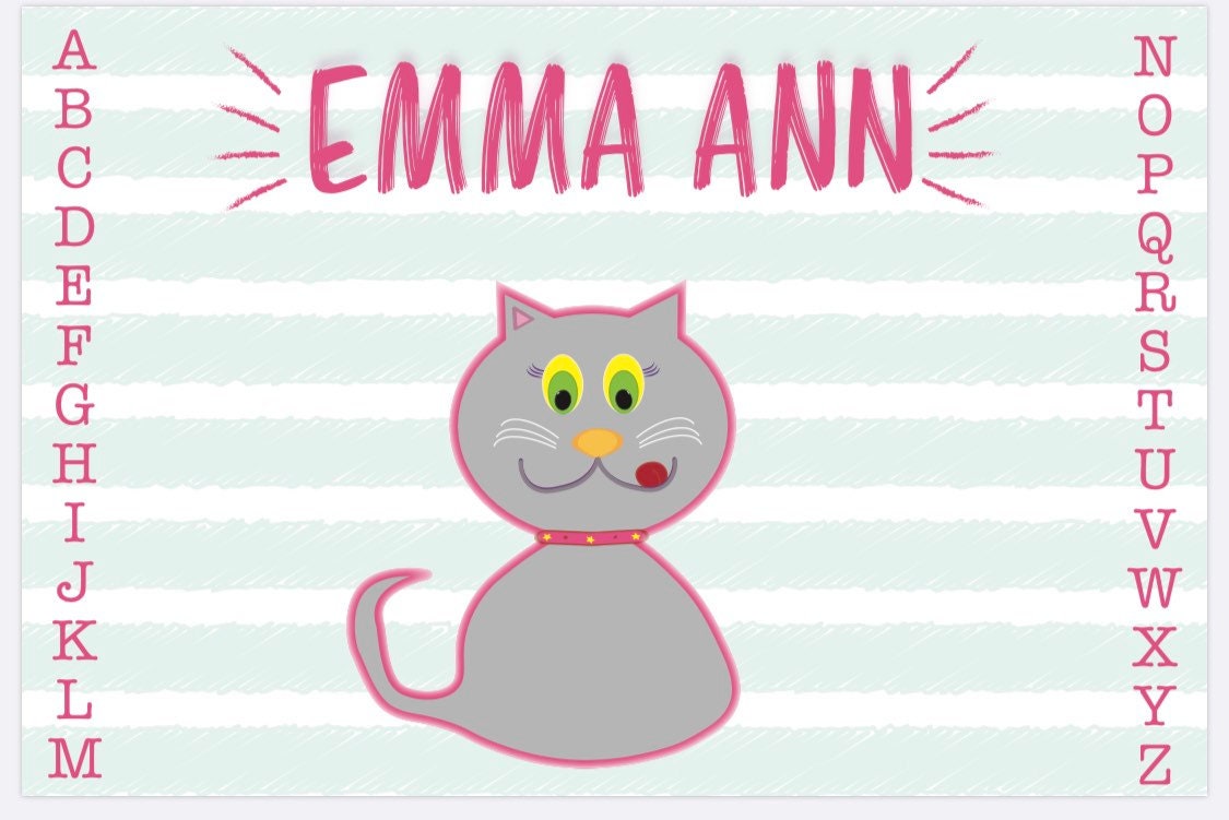 Kids Placemat, Educational Mat, Kids Personalized Placemat with Name, Learning ABCs, Kitten Cat Girls Placemat, Activity Placemat, Laminated