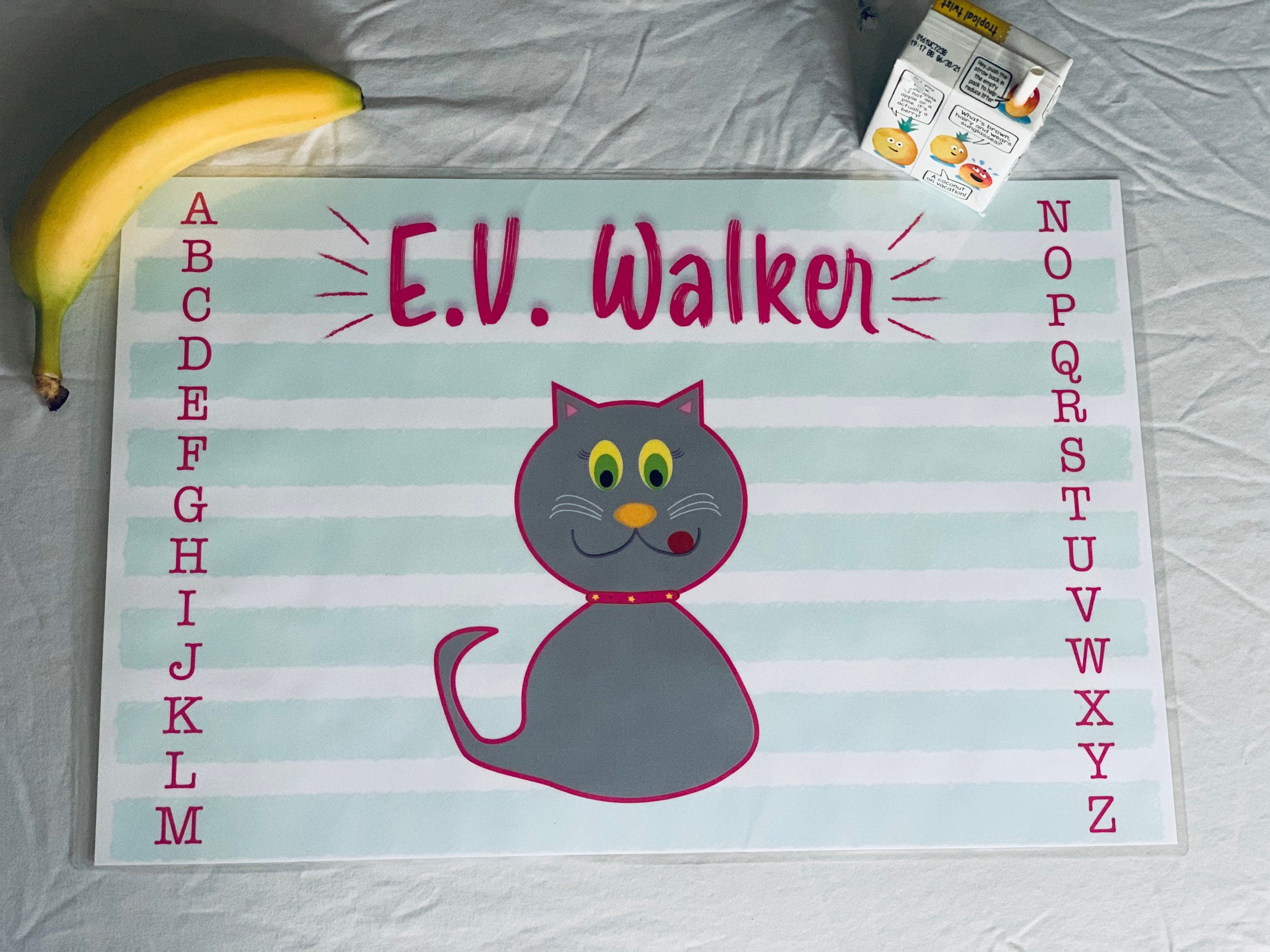 Kids Placemat, Educational Mat, Kids Personalized Placemat with Name, Learning ABCs, Kitten Cat Girls Placemat, Activity Placemat, Laminated