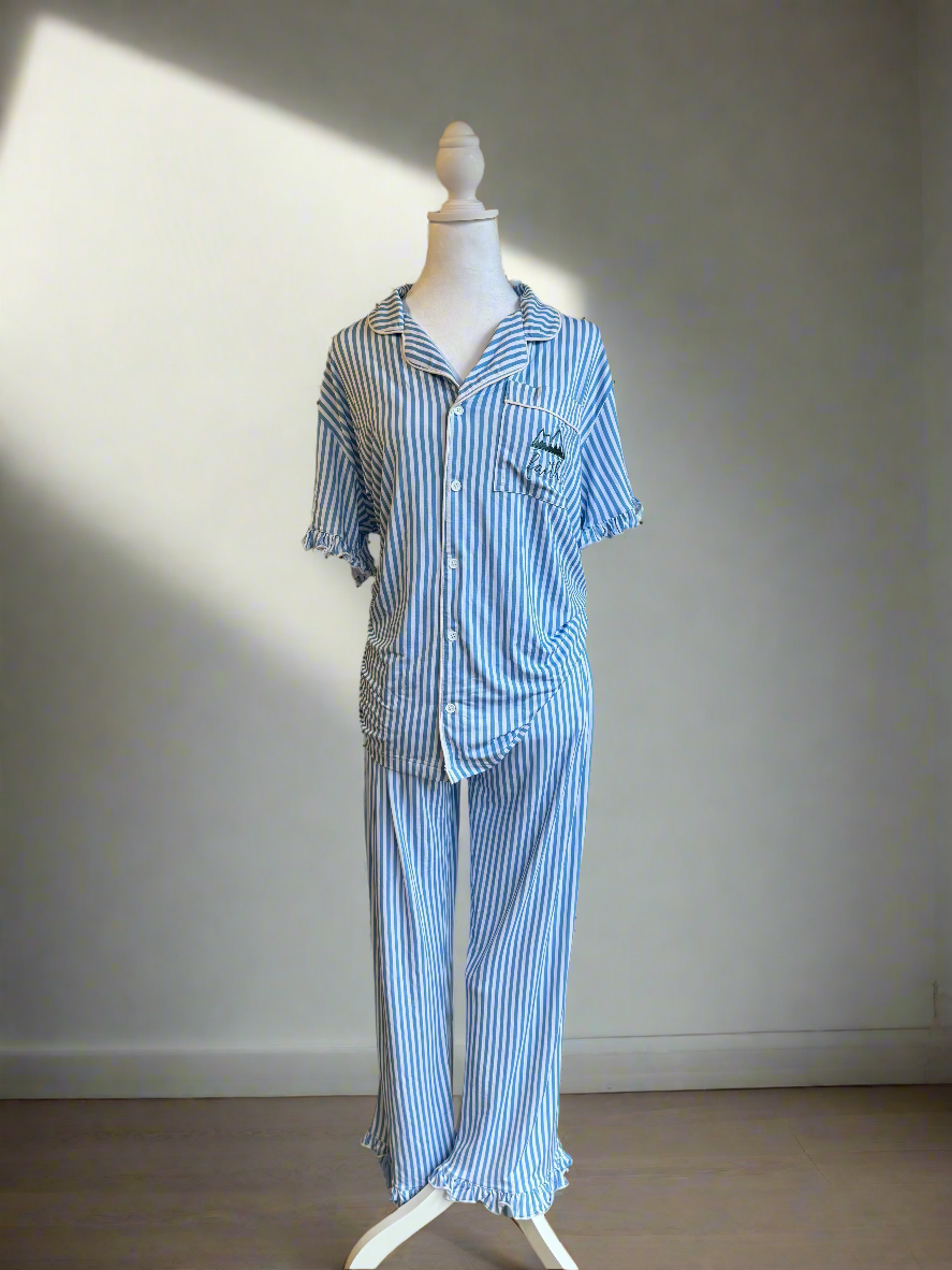 Blue Stripe Faith Embroidered Pajama Set - Cozy & Stylish Sleepwear for Women