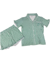Load image into Gallery viewer, Girls Green Stripes Embroidered Pajama Shorts Set - Holy Night
