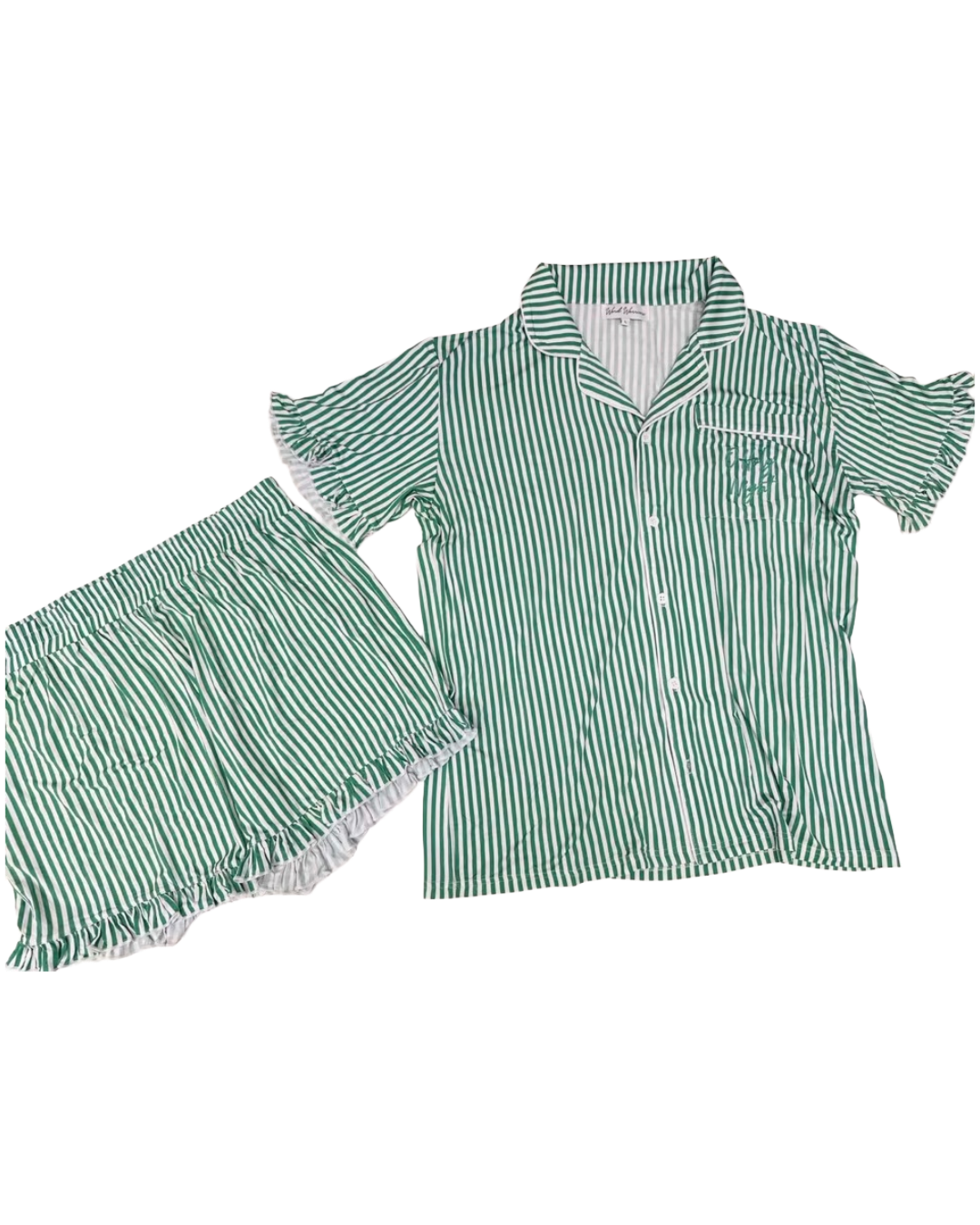 Girls Green Stripes Embroidered Pajama Shorts Set - Holy Night