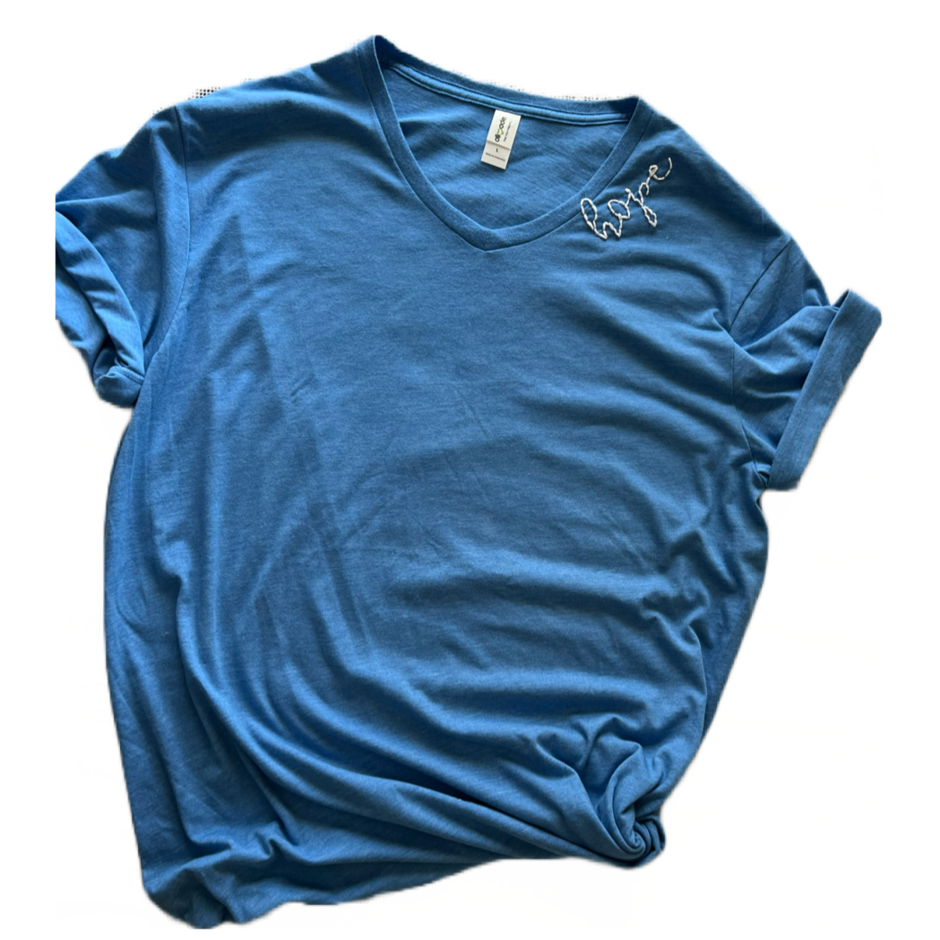 Hope Hand-Embroidered Women's Tshirt, Blue Unisex Soft Tee V-neck, Adult Large