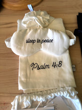 Load image into Gallery viewer, Satin Pillowcase Gift Set with Satin Sleep Mask &amp; Scrunchie: Embroidered “Sleep in Peace” + Psalm 4:8 | Word Warriors

