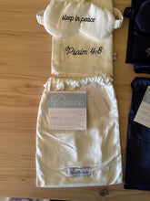 Load image into Gallery viewer, Satin Pillowcase Gift Set with Satin Sleep Mask &amp; Scrunchie: Embroidered “Sleep in Peace” + Psalm 4:8 | Word Warriors
