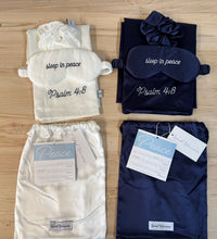 Load image into Gallery viewer, Satin Pillowcase Gift Set with Satin Sleep Mask &amp; Scrunchie: Embroidered “Sleep in Peace” + Psalm 4:8 | Word Warriors
