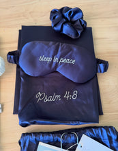 Load image into Gallery viewer, Satin Pillowcase Gift Set with Satin Sleep Mask &amp; Scrunchie: Embroidered “Sleep in Peace” + Psalm 4:8 | Word Warriors
