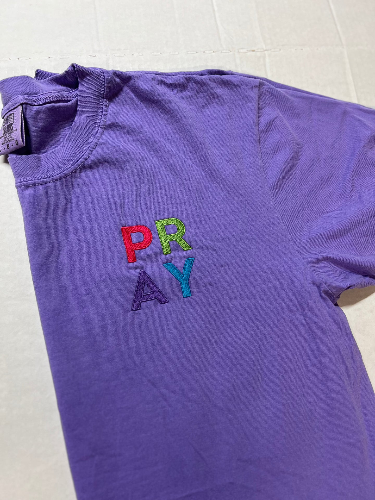 PRAY Embroidered Comfort Color T-Shirt, Soft Purple Tee