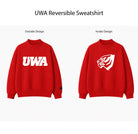 Red UWA reversible sweatshirt shown from both sides, labeled 'Outside Design' on the left with a large white 'UWA' logo and 'Inside Design' on the right with a white tiger-head graphic.