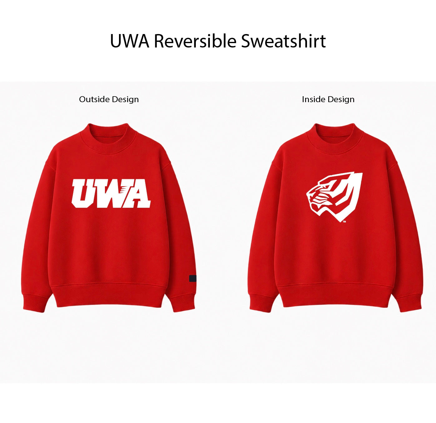 Red UWA reversible sweatshirt shown from both sides, labeled 'Outside Design' on the left with a large white 'UWA' logo and 'Inside Design' on the right with a white tiger-head graphic.