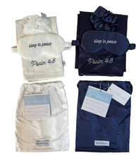 Load image into Gallery viewer, Satin Pillowcase Gift Set with Satin Sleep Mask &amp; Scrunchie: Embroidered “Sleep in Peace” + Psalm 4:8 | Word Warriors
