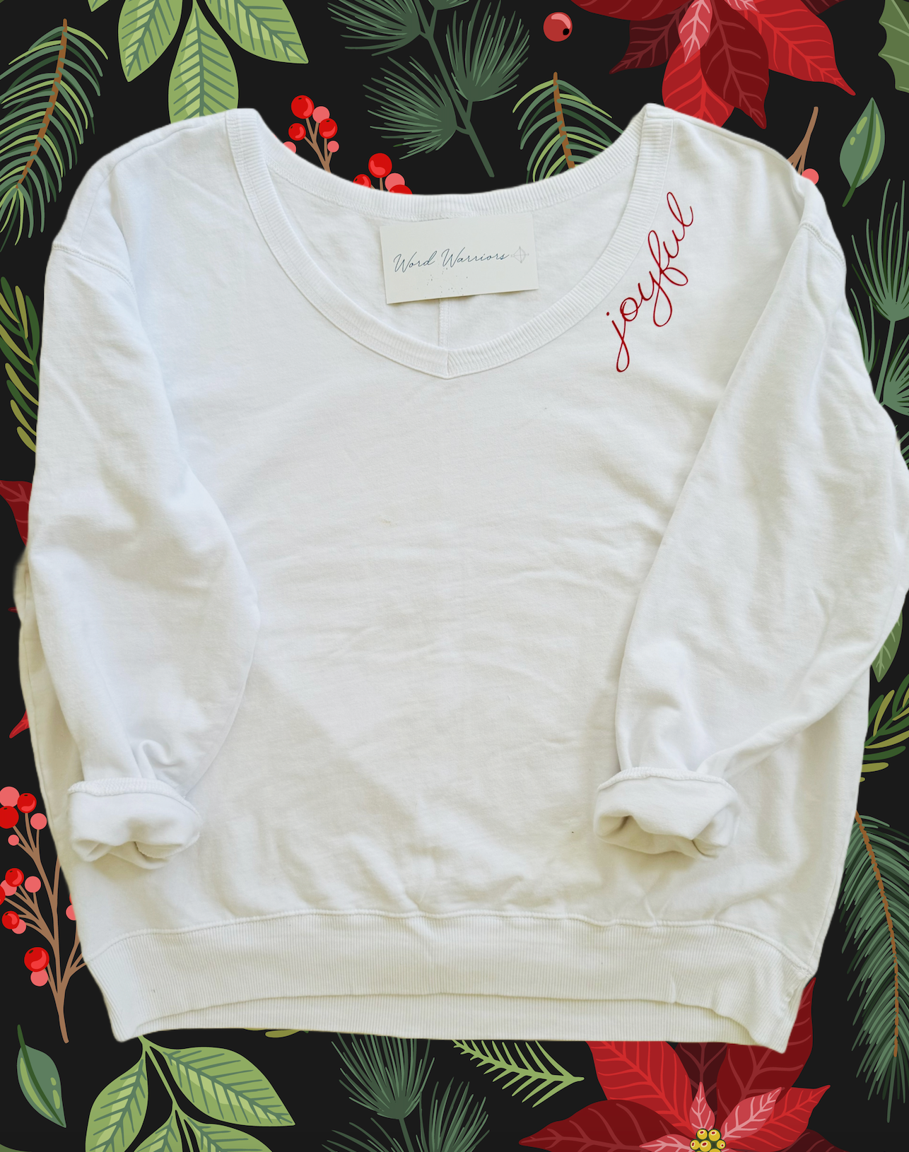 Joyful Hand-Embroidered V-neck Sweatshirt, Christmas Sweatshirt for Women