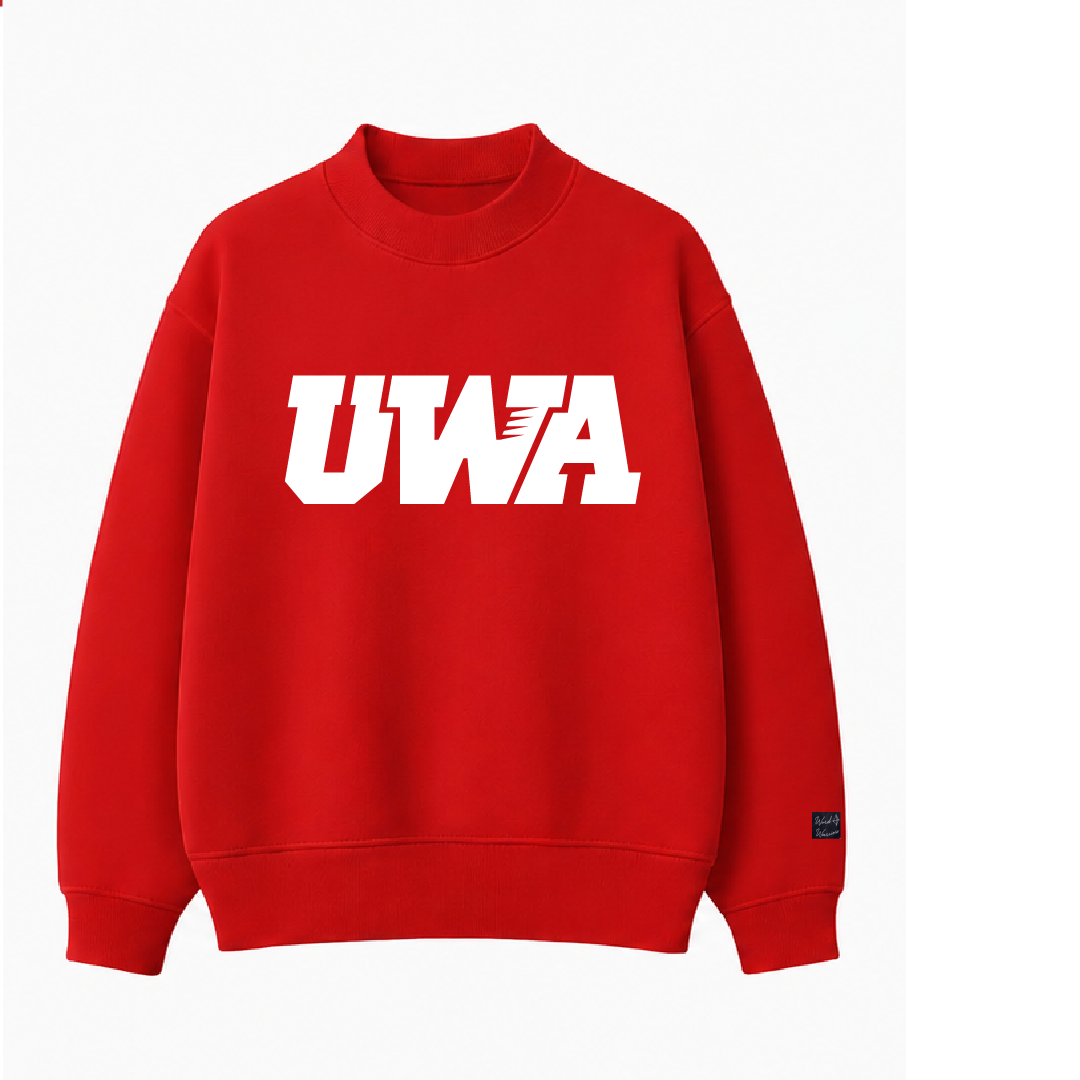 A bright red crewneck sweatshirt featuring the letters 'UWA' printed in bold white across the chest, with a small black tag on the left sleeve cuff, shown against a plain white background.