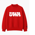 A bright red crewneck sweatshirt featuring the letters 'UWA' printed in bold white across the chest, with a small black tag on the left sleeve cuff, shown against a plain white background.