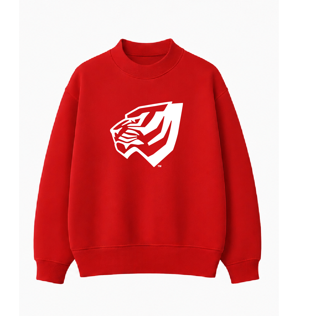 A bright red crewneck sweatshirt featuring a large white stylized tiger head logo on the chest, displayed against a clean white background.