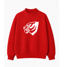 A bright red crewneck sweatshirt featuring a large white stylized tiger head logo on the chest, displayed against a clean white background.