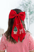 Red oversized Christmas embellished hair bow with jeweled Christmas tree and Joy details