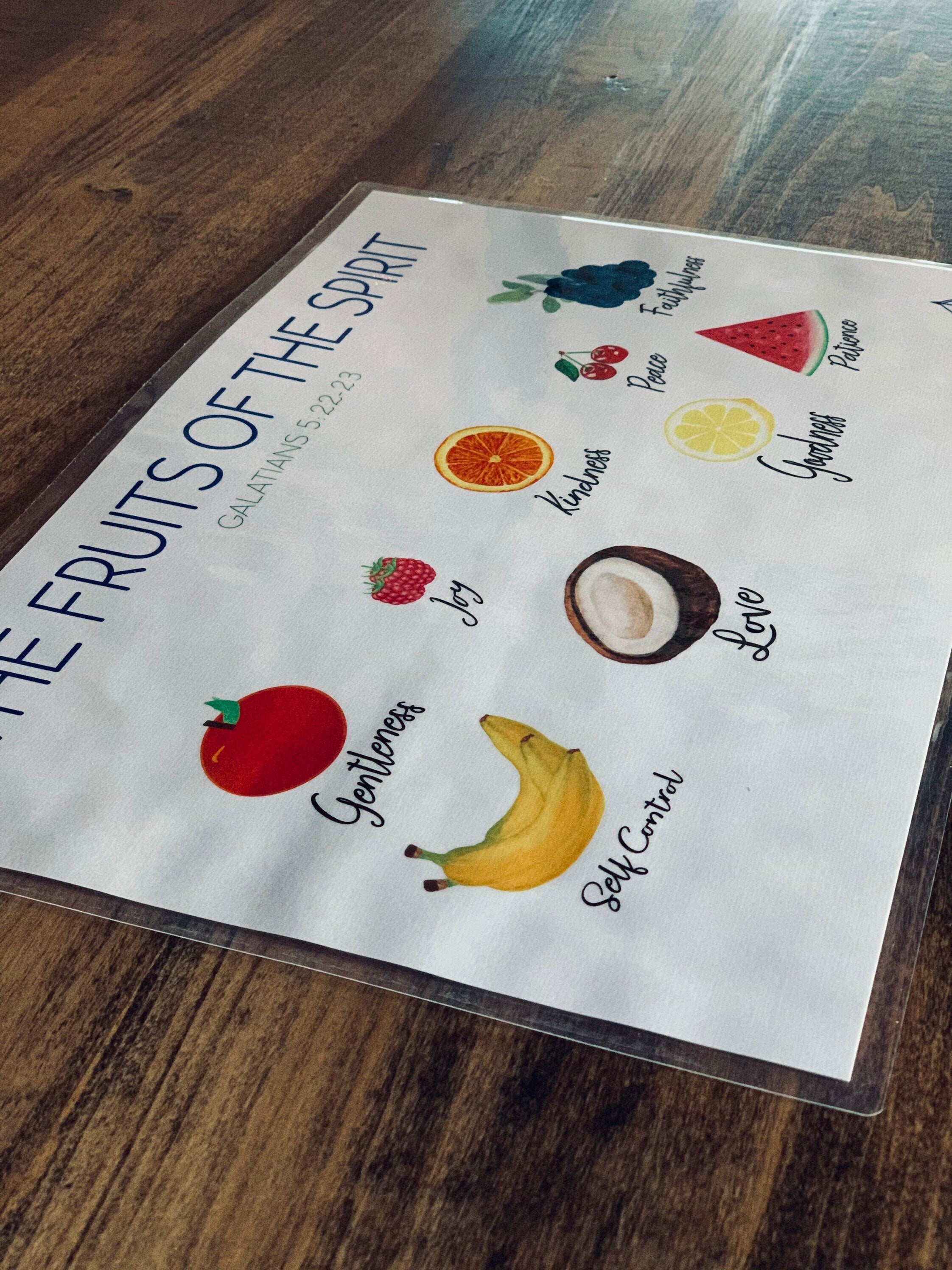 Fruits of the Spirit Scripture Laminated Placemat Set of 6, Gift for Moms Table, Mothers Day Gift