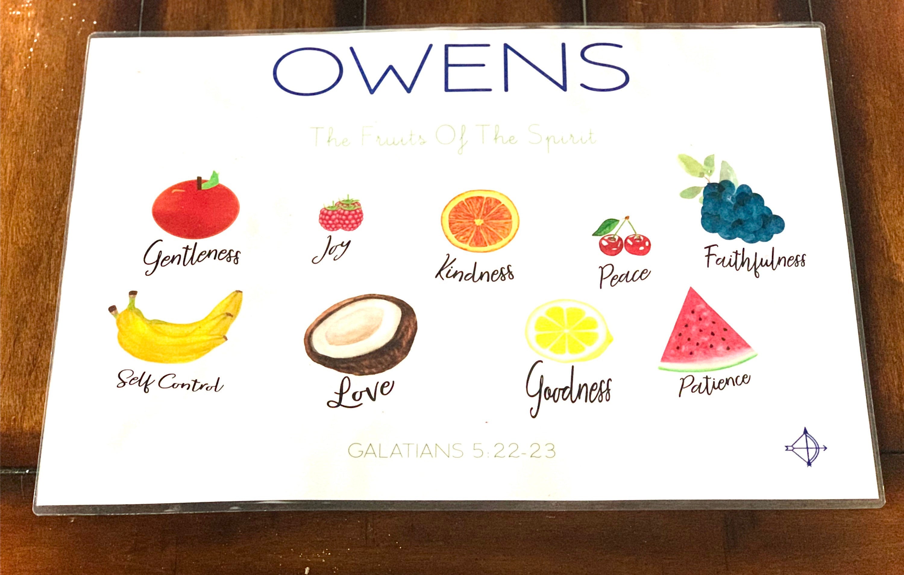 Fruits of the Spirit Scripture Laminated Placemat Set of 6, Gift for Moms Table, Mothers Day Gift