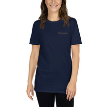 Load image into Gallery viewer, Elegant Navy Overcomer T-Shirt with Gold Embroidery - Inspiring Christian Apparel for Women
