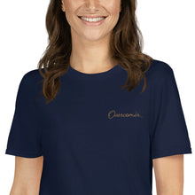 Load image into Gallery viewer, Elegant Navy Overcomer T-Shirt with Gold Embroidery - Inspiring Christian Apparel for Women
