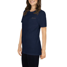 Load image into Gallery viewer, Elegant Navy Overcomer T-Shirt with Gold Embroidery - Inspiring Christian Apparel for Women
