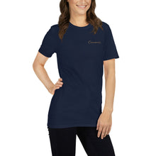 Load image into Gallery viewer, Elegant Navy Overcomer T-Shirt with Gold Embroidery - Inspiring Christian Apparel for Women
