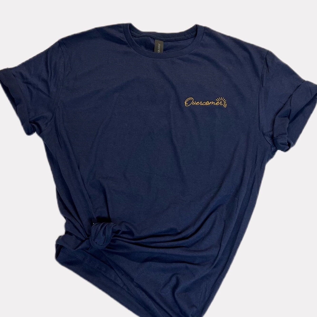 Elegant Navy Overcomer T-Shirt Gold Embroidery, Inspiring Christian Apparel for Women, Christian Gifts for Women, Church Gifts, Spiritual