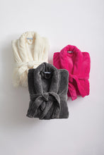 Load image into Gallery viewer, Cozy and soft plush microfleece shawl collar robes in pink, gray, and ivory with belts—perfect for lounging or gifting.
