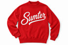 Red Sumter sweatshirt with white script lettering