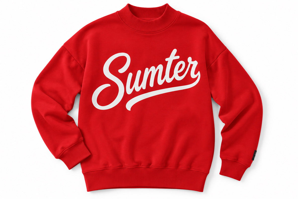 Red Sumter sweatshirt with white script lettering