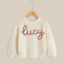 Load image into Gallery viewer, Hand Embroidered Toddler Girls Drop Shoulder Cable Knit Sweater | Oversized Toddler Sweater | Embroidered Name Sweater
