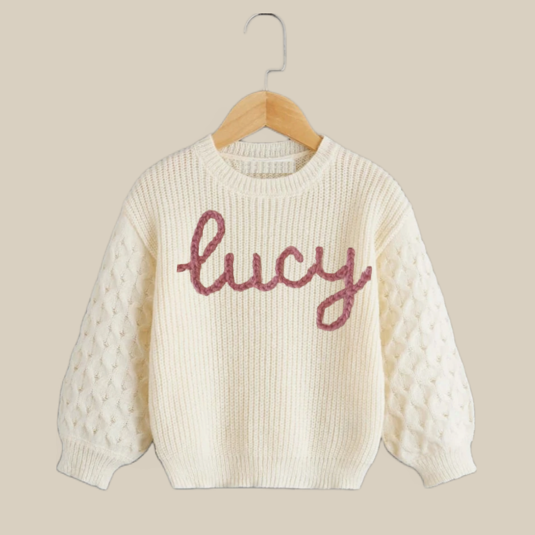 Hand Embroidered Toddler Girls Drop Shoulder Cable Knit Sweater | Oversized Toddler Sweater | Embroidered Name Sweater