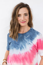 Load image into Gallery viewer, USA Red White &amp; Blue Tie-Dye T-shirt, Hand Embroidered with the word &quot;FREE&quot; - Word Warriors
