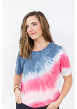 Load image into Gallery viewer, USA Red White &amp; Blue Tie-Dye T-shirt, Hand Embroidered with the word &quot;FREE&quot; - Word Warriors
