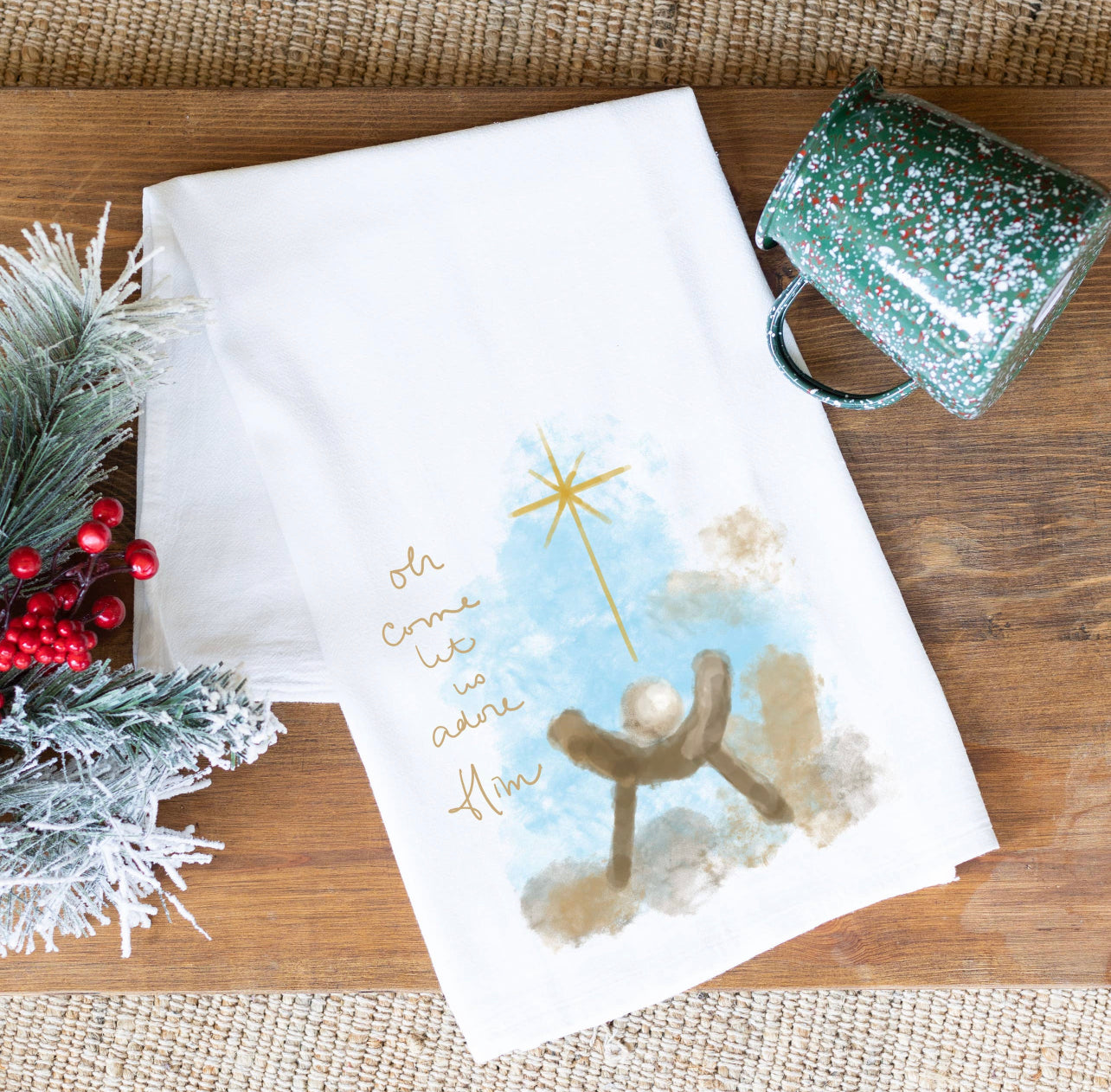 Watercolor Manger Christmas Tea Towel