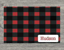 Load image into Gallery viewer, Plaid Christmas Placemat, Personalized Kids Placemat for kids, Red Holiday Placemat, Child Name Custom Placemat
